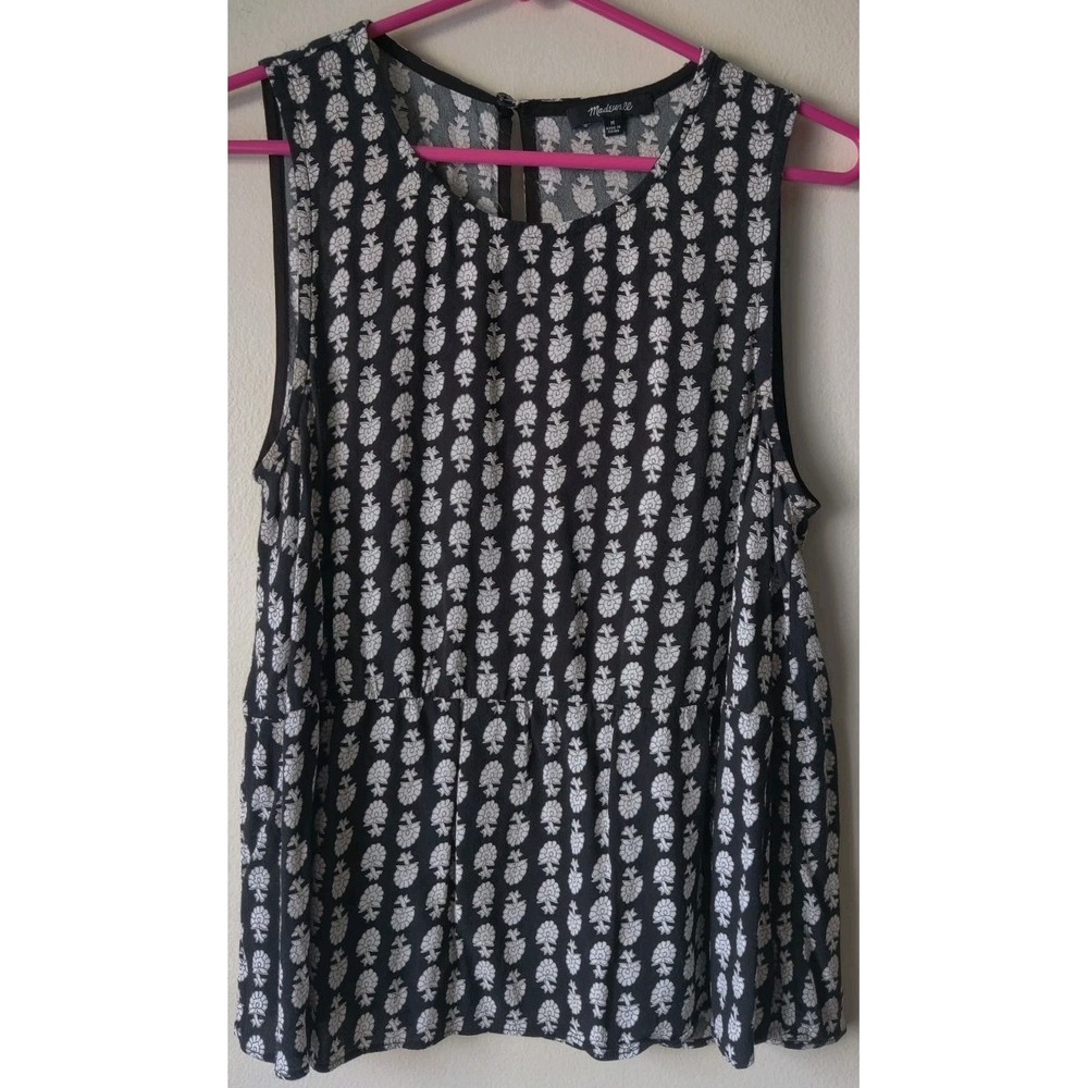 Madewell Women's Ruffle Tank Bloomstamp Black/White Print Peplum Size‎ M